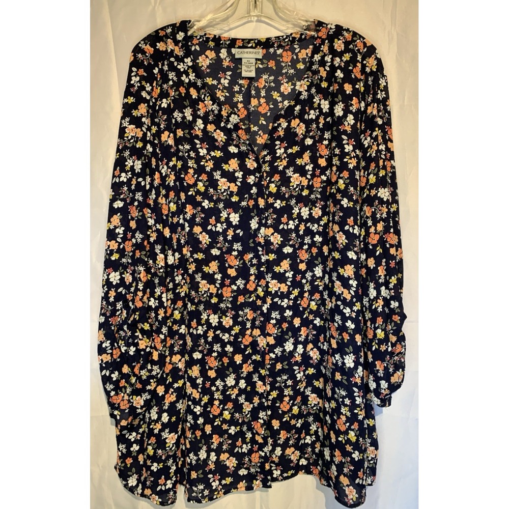 Catherine's Sheer Blouse 5X Plus Size Dark Navy Blue Floral  Button UP Top